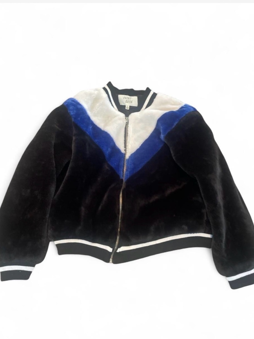Outer Edge Black Faux-Fur Bomber Jacket with Blue and White V-Panel